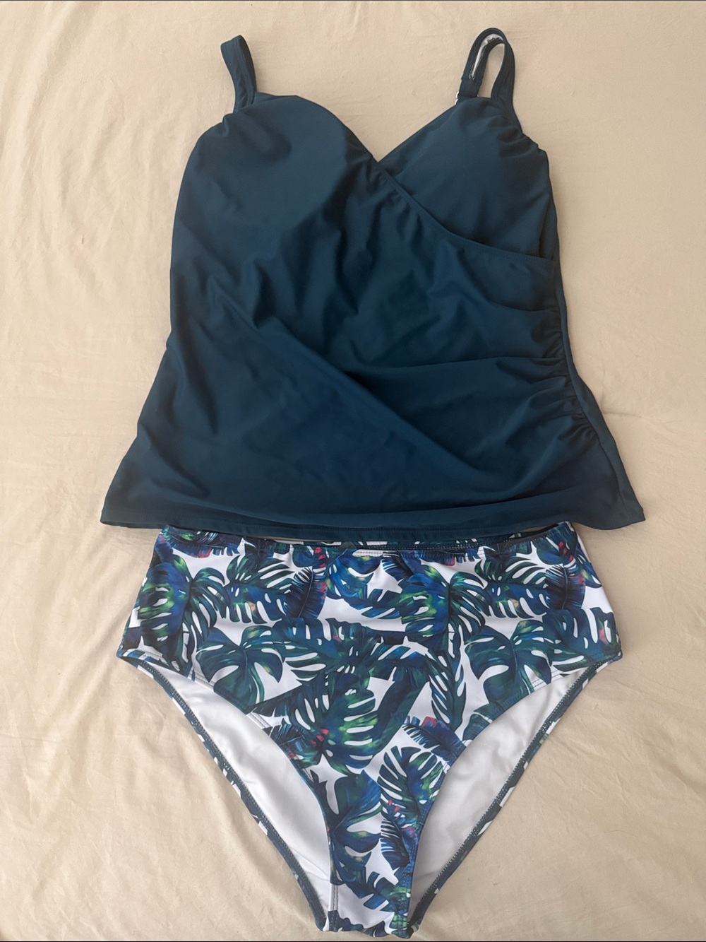 Women's Navy Tankini Top and Tropical High-Waist Bikini Bottom Set